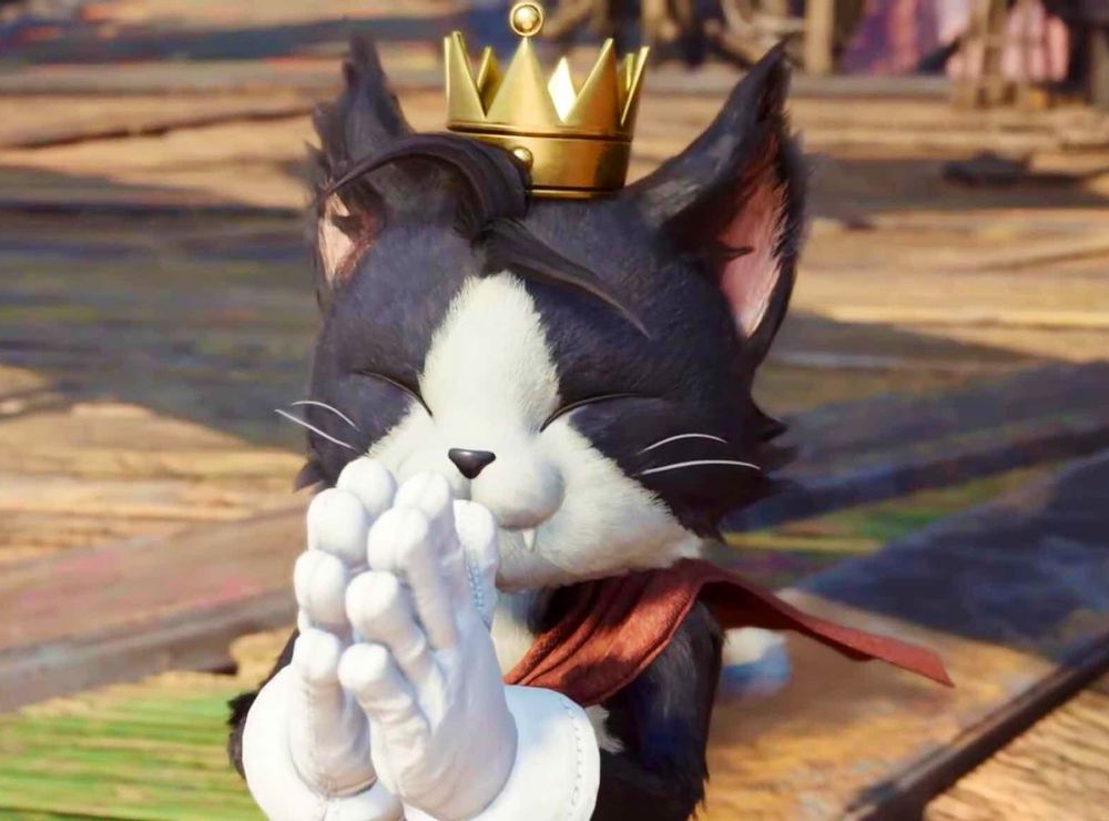 Screenshot from FF7 Rebirth. Cait Sith looks up at Cloud (offscreen) with his hands pressed together in a pleading gesture. Super cute. 