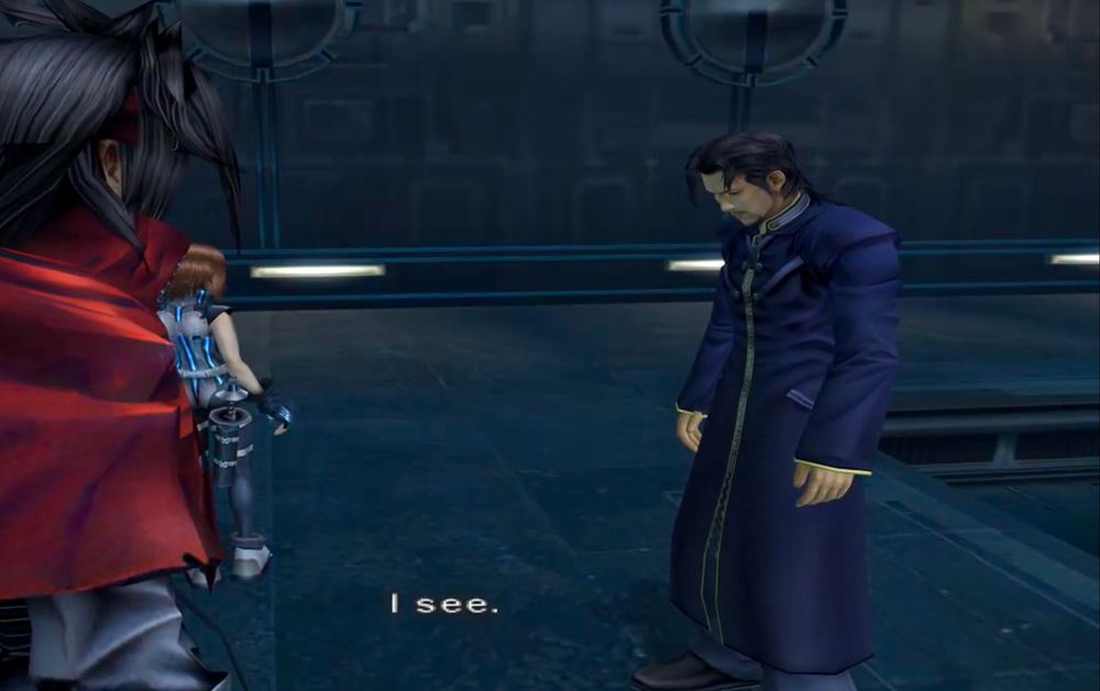 Screenshot from Dirge of Cerberus. Vincent is in the foreground, looking at Reeve as he slumps his shoulders and bows his head defeatedly. Reeve says, “I see.” Shelke is visible in the background past Vincent, her head also bowed. Vincent’s is not. 