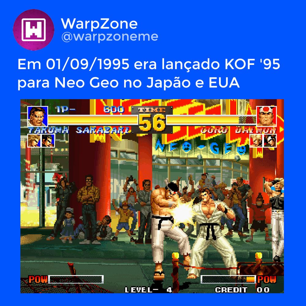 Completa hoje 29 anos. Em 01/09/1995 era lançado The King of Fighters '95 para Neo Geo no Japão e EUA. #KOF #SNK #Retrogame #WarpZone