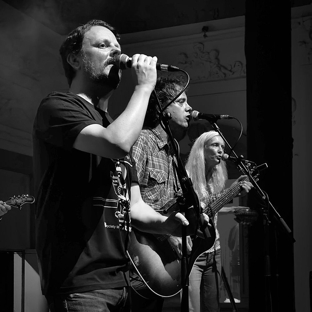 A black and white photo of Jof Owen, Pete Hobbs, and Amanda Applewood of the band The Boy Least Likely To, on stage at Bush Hall, London.

All three are singing into microphones; Pete is also playing an acoustic guitar.
