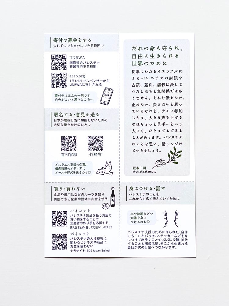 ひとりでもパレスチナ応援カード裏面。
・寄付や募金をする
・書名する・意見を贈る
・買う・買わない
・身につける・話す

などの項目に分かれて、それぞれにQRコードが付いている。
5枚のカードとしてカットできる点線付き