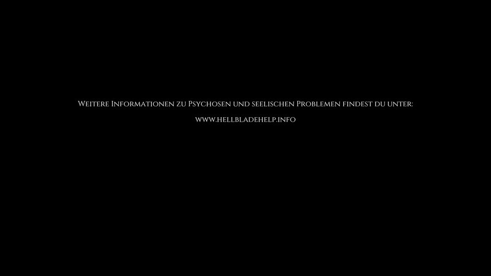 Screenshot of Hellblade: Senua's Sacrifice, showing part of the credits where they link to a website, where people with psychic problems can find help: www.hellbladehelp.info.