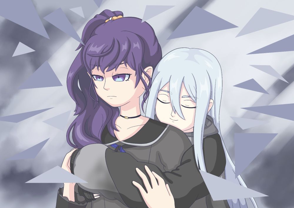 Kanade and Mafuyu drawn in the style of the cover art of kokoronashi. Kanade is hugging Mafuyu from behind. Mafuyu is holding onto her arms.

Art by @henddrawn.bsky.social!!!! THANK YOU!!!
