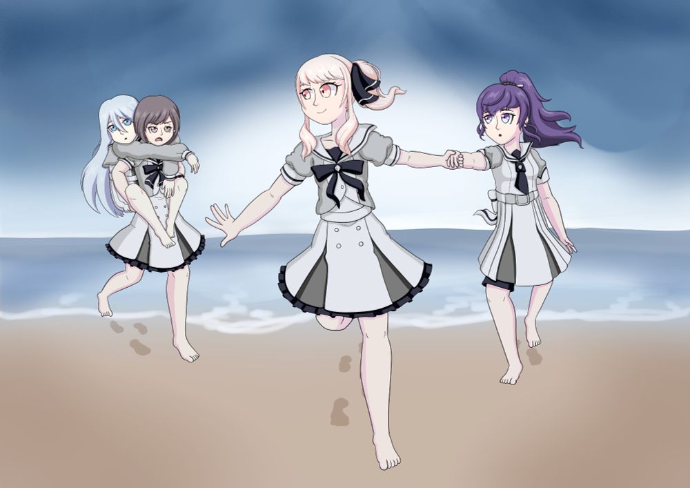 Art by @henddrawn.bsky.social. Niigo, in their Passion at 25:00 outfits, are on the beach. Mizuki runs ahead dragging Mafuyu along by the hand. Ena is carrying Kanade on her back. She's annoyed at Mizuki. 