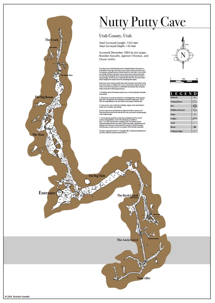 Map of Nutty Putty Cave in Utah County, Utah, showing a top-down layout of the cave system with labeled sections including The Entrance, The Maze, The Big Room, The Crack, The Birth Canal, The Aorta Crawl, and Vein Alley. The map includes symbols for different geological features (bedrock, sand, slope, rocks, etc.), a north compass, scale bar, and safety information. The cave’s total surveyed length is 1,355 feet with a depth of 145 feet.