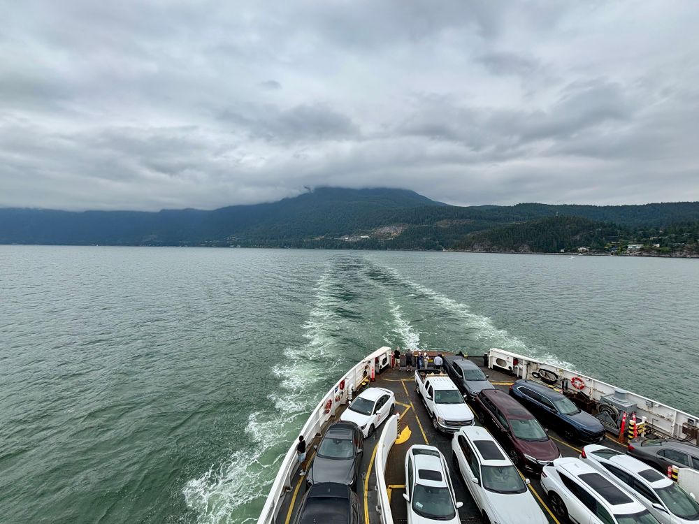 Mountains viewed from a ferry deck. 
