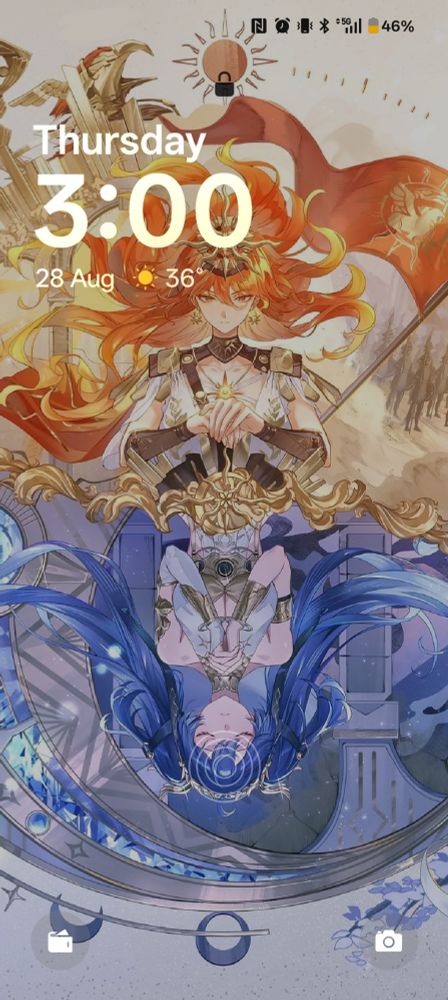 Screenshot of a phone's lock screen. The wallpaper is art of Augusta and Iuno from wuthering waves. Augusta is on the top half of the screen and iuno is upside down on the bottom of the screen.