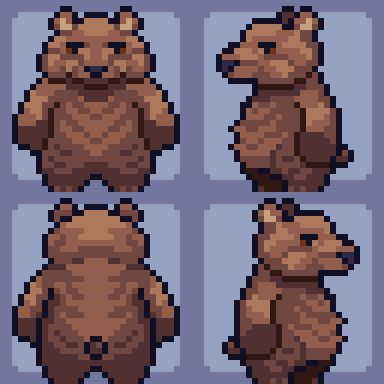 Four images of the same pixel art bear, each from a different angle: back, front, left, and right.