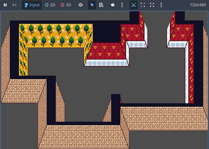 A pixel art graphic of restaurant walls. The picture shows off 3 different kinds of wallpaper: green trees on a yellow background; red wallpaper with golden ornaments across it, and a white skirting board; and a small-bricked light brown wall.