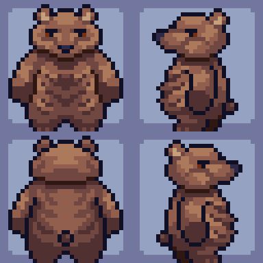 An image of an anthropomorphic pixel art bear. There are 4 pictures of the same brown bear, each one facing a different direction: up, down, left, and right.