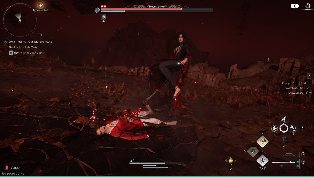 Screenshot of Where Winds Meet, during the boss battle with Heartseeker, my character, in red, is on the ground on her back, as Heartseeker is standing over her, one foot raised as she's about to stomp on me