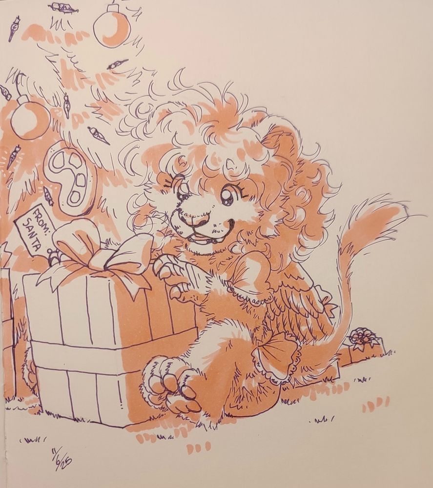 A shaded and inked sketchbook sketch of a young anthropomorphic sphynx/griffon hybrid sitting in front of a Christmas tree, about to open a huge present she is holding. 