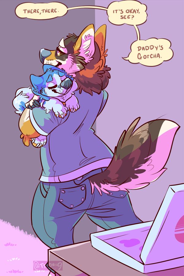 A celshaded final panel to the previous comic showing the husky, now regressed, in the arms of their caregiver. Text reads “There, there. It’s okay, see? Daddy’s gotcha.”