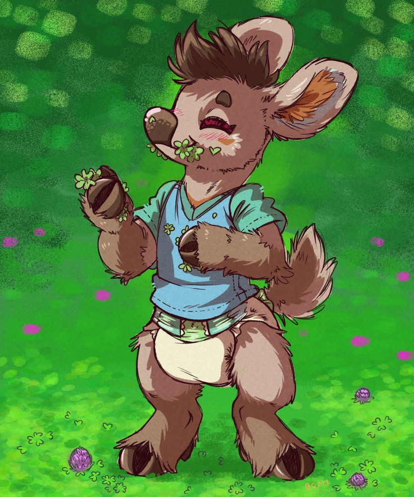A digital colored sketch of an anthropomorphic deer child eating clovers. They are standing in a green clover patch with purple clover blossoms. Their fur is predominantly brown, and they are wearing a blue shirt and a clean white diaper. 