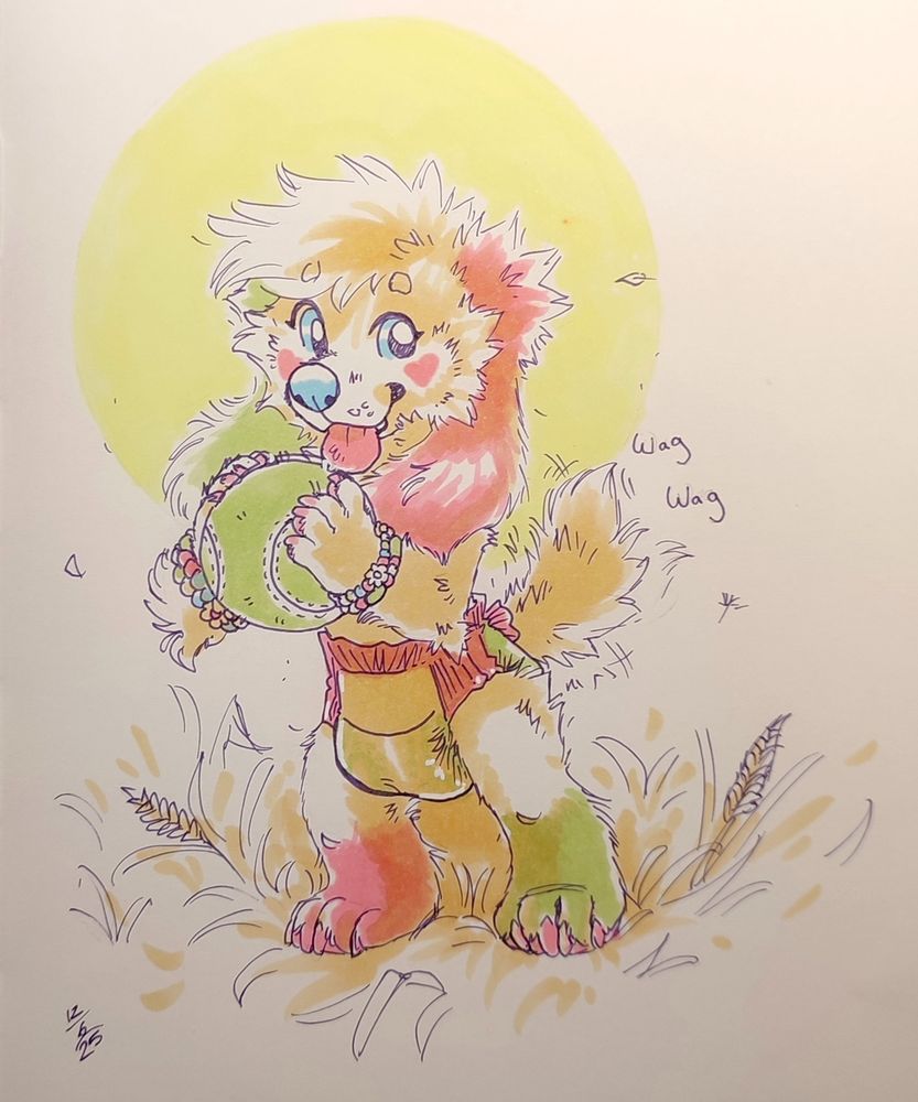 An inked and shaded sketchbook sketch of an anthropomorphic puppy holding a big plush tennis ball. 