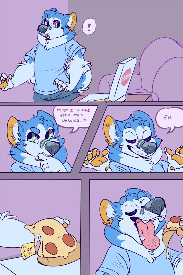 A 4-page spread of an anthropomorphic husky eating a slice of pizza, then physically age regressing to toddler size. 