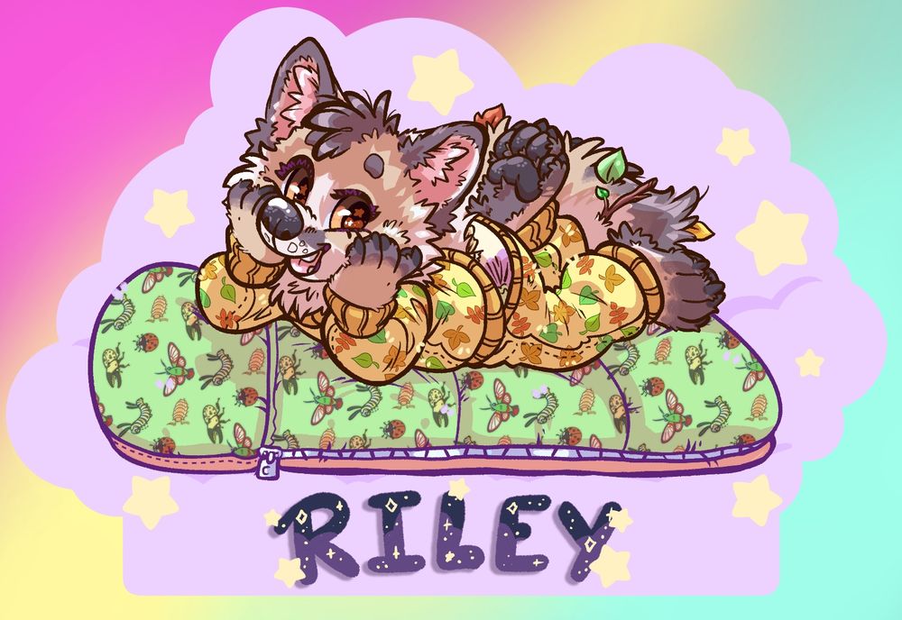 A full color digital character con badge of an anthropomorphic fox kit lying on a bug-themed sleeping bag. They have twigs in their tail and are wearing leaf jammies. 