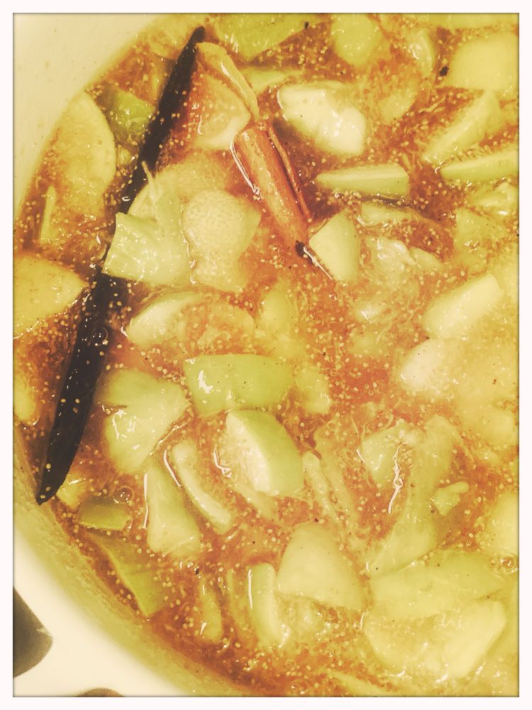 Juicy green figs chopped and disintegrating into a red-brown sticky mess with a vanilla pod and cinnamon quill. The photo is cropped to show about a quarter of the white casserole dish and part of the handle.