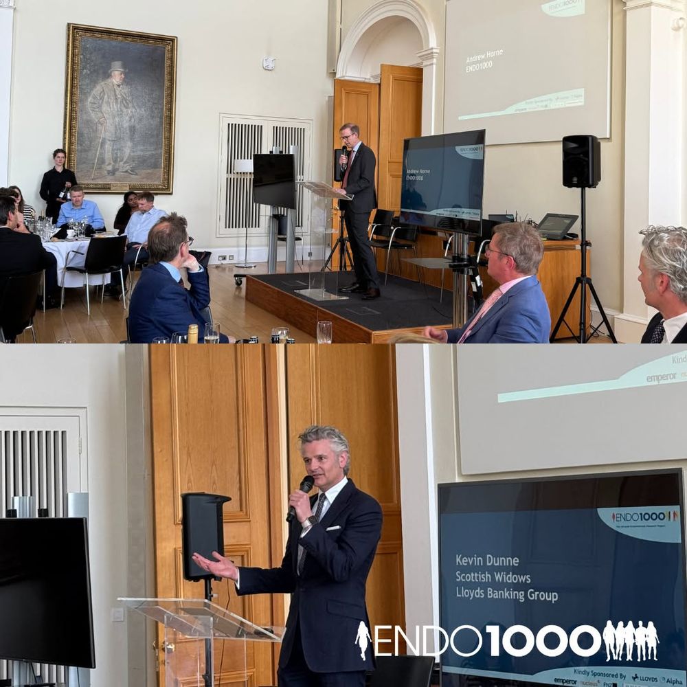Two photos showing presenters on a small stage at an ENDO100 gathering.