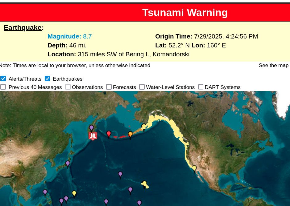 Map showing tsunami warningsa ll the way to California