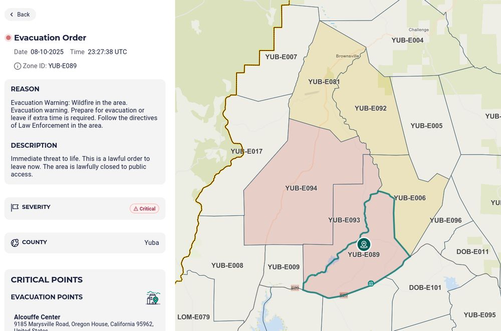 Large number of wildfire evacuations just triggered in Yuba County.https://protect.genasys.com/zones/US-CA-XYU-YUB-E089?z=11.459302549566225&latlon=39.413907091012106%2C-121.23703711620999#wildfires #Yuba #CAwx 