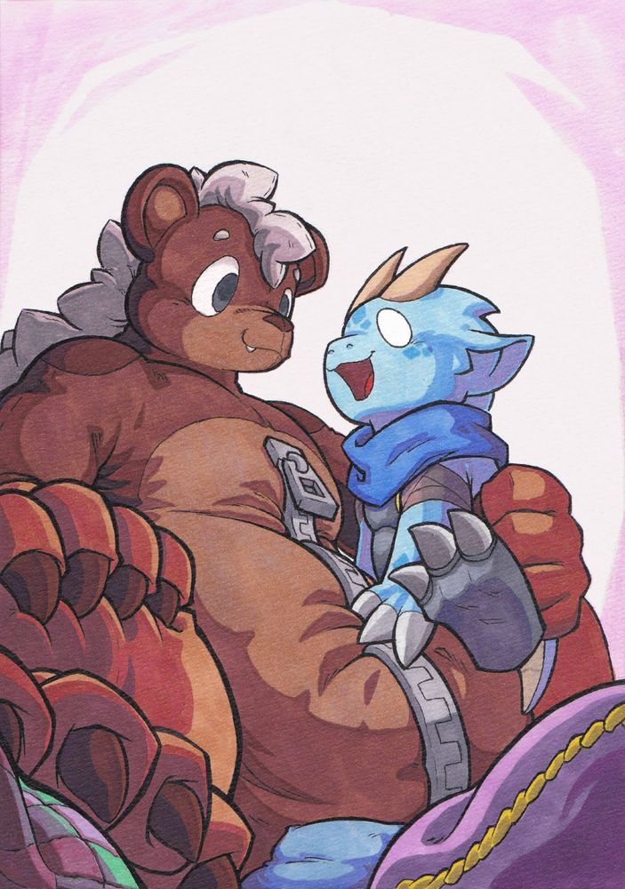 A big plushy bear with a zipper on it's belly, and a blue kobold with a scarf and some armor sitting on him. They are joyful and surrounded by pillows.