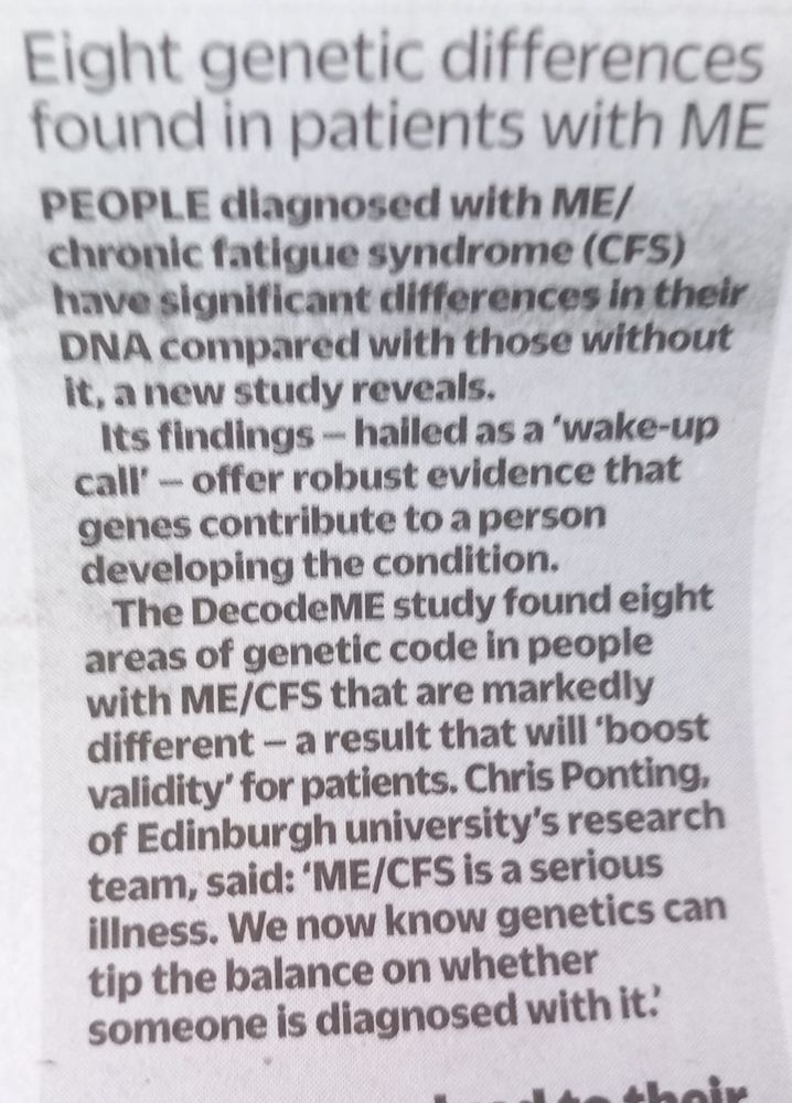 A news article from a newspaper with the "Right genetic differences found in patients with ME"