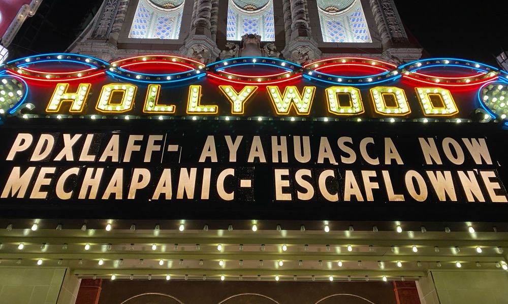 Hollywood theatre sign that reads, “mechapanic - escaflowne”