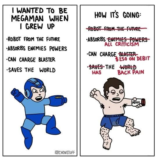 Cartoon with a drawing of Megaman on the left and a man in his underwear holding advil on the right.