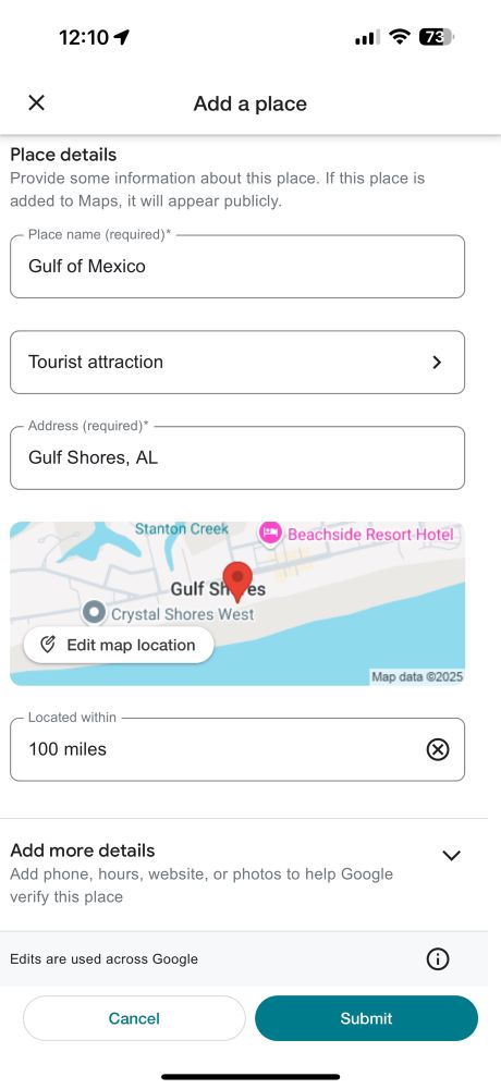 Added a Missing Place called the Gulf of Mexico on Google Maps.