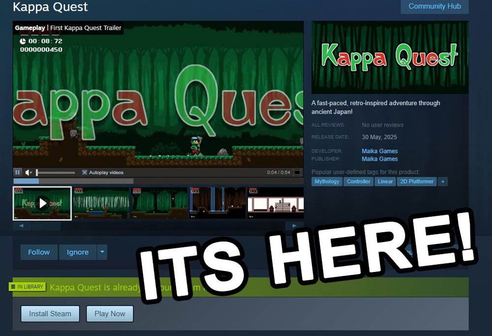 The steam page for indie game Kappa Quest showing it's out now!