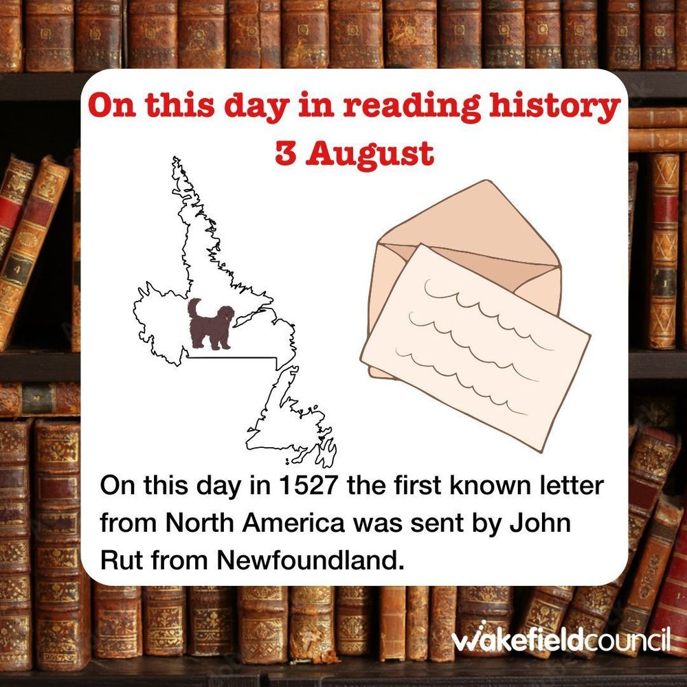 A picture of Newfoundland with a dog on next to a letter. Text below reads 'on this day in 1527 the first known letter from North America was sent by John Rut from Newfoundland'.