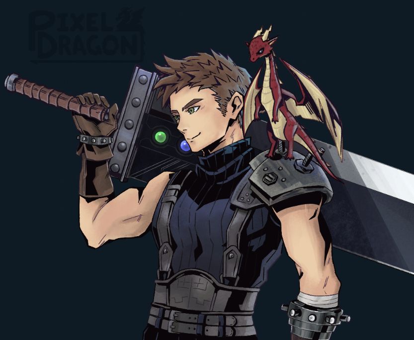 A digital drawing of Walphagames dressed as a soldier from ff7, with a midgardsormr minion shaped Pixel_dragon perched on his shoulder.