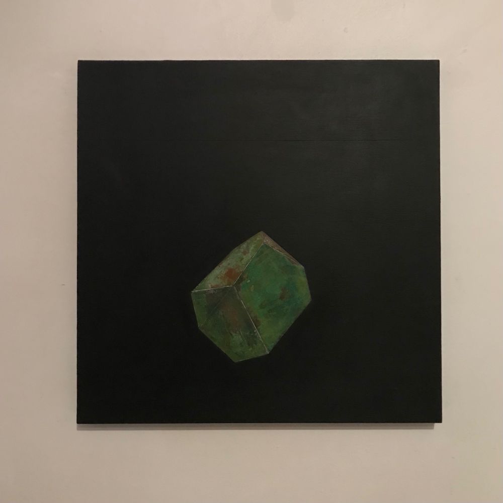 In the studio.
A smaller version of Dürer’s Solid floating in an infinite void.
Gesso, dry pigments, copper leaf and verdigris, wax on panel. 2025.
