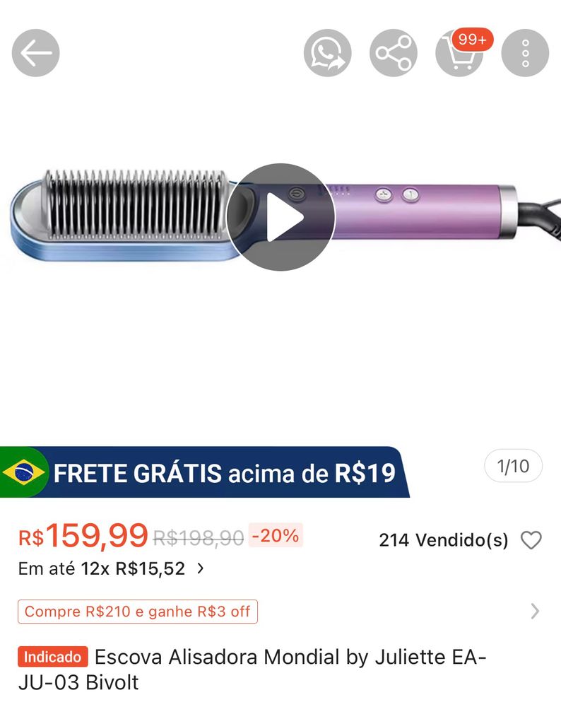 Print da shopee de escova alisadora Mondial by Juliette