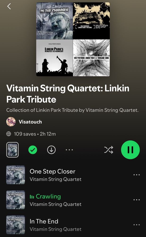 Print do Spotify de uma playlist de músicas do grupo Vitamin String Quartet tocando músicas de tributo ao Linkin Park