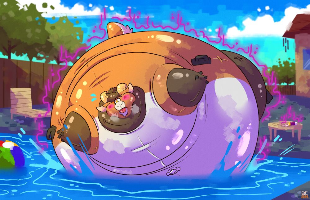 A ram has been turned into a massively overinflated pool toy by magic sunscreen and due to his absolutely massive body, has wobbled belly first into a pool. A fitting place to fall when faced with suddenly becoming a spherical pool toy
