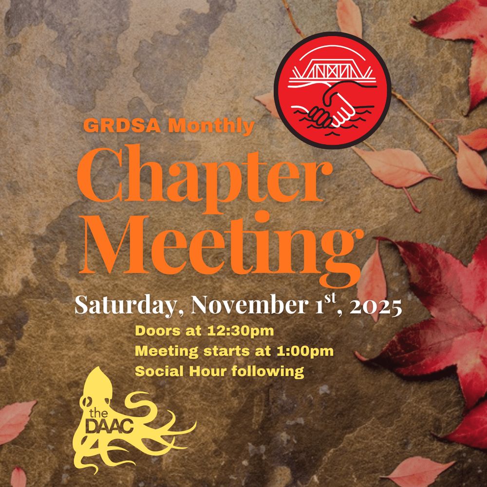 Event details along with the GRDSA and DAAC logos over a background of fall leaves on brown stone.