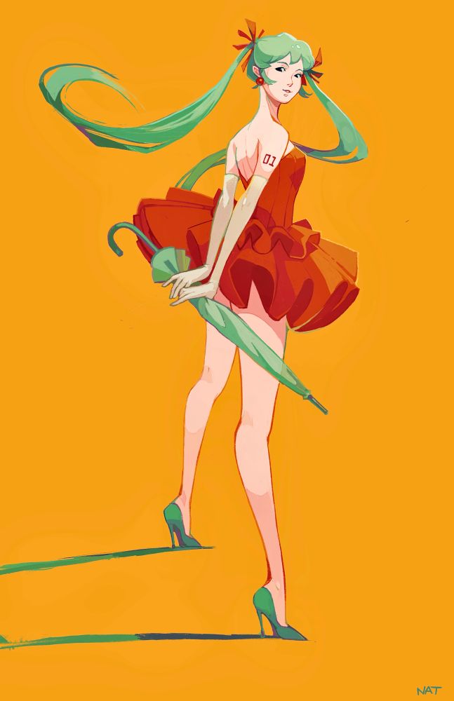 digital painting i did of vocaloid hatsune miku wearing mima from perfect blue's outfit. she wears a short red ruffly dress with gloves and a umbrella. 

she has her back turned 3/4 from the viewer and looks cheekily over her shoulder, with an exaggerated perspective on the legs. the background is a void of sunshine yellow. she holds the umbrella closed behind her back.