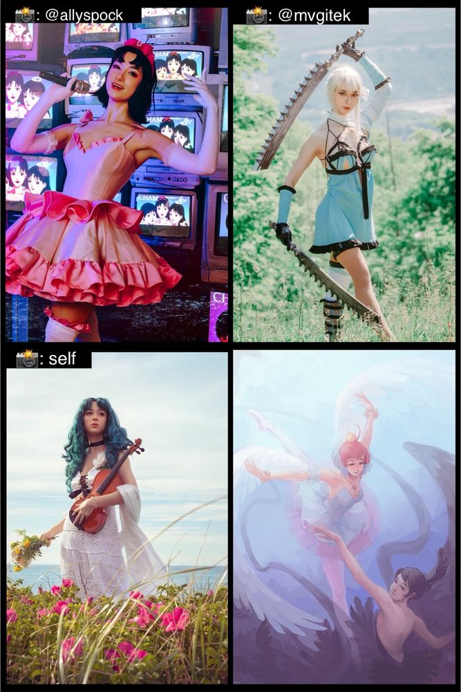 My cosplays and art; Mima from Perfect Blue photographed by @allyspock / Allison the Photographer; Kainé from Nier photographed by @mvagitek / Heavenly Visuals; Michiru / Sailor Neptune photographed by me; Princess Tutu painting by me