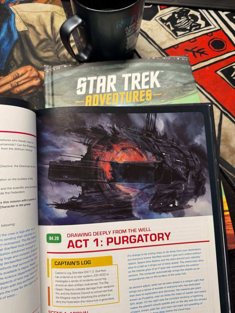 The Star Trek Adventures 2E core book is behind a mission book, featuring Act 1, Purgatory. 