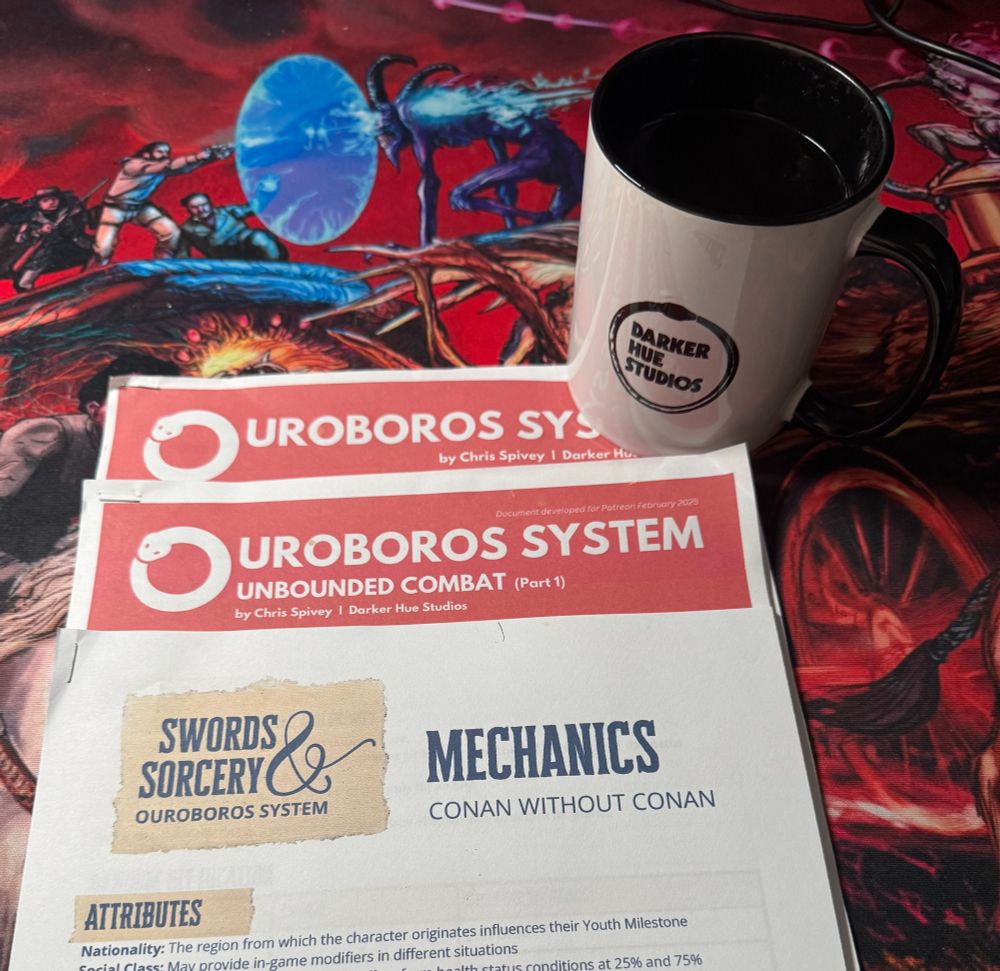 Three Ouroboros System Documents (Combat, Skills, and Swords & Sorcery design) on a large Haunted West map showing a demon train battle with a Darker Hue Studios coffee mug nearby. 
