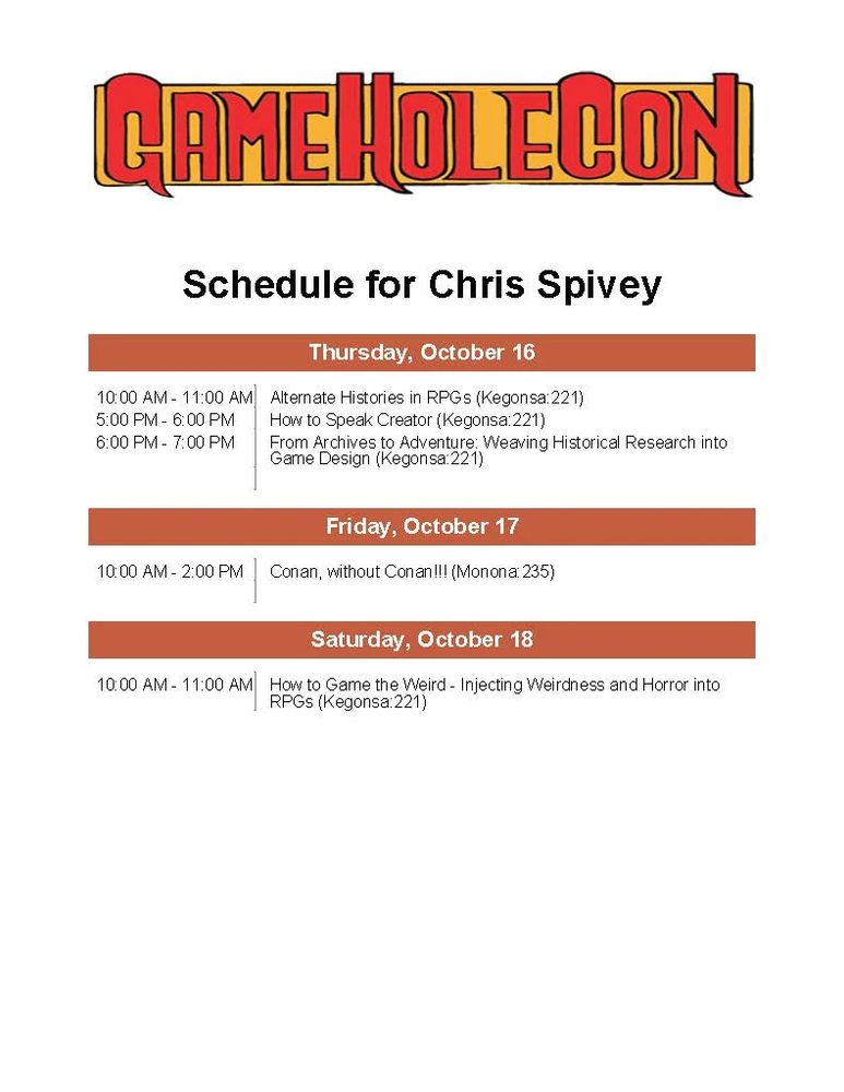 Copy of Chris’s Gamehole con scheduled with events on Thursday, Friday, and Saturday.