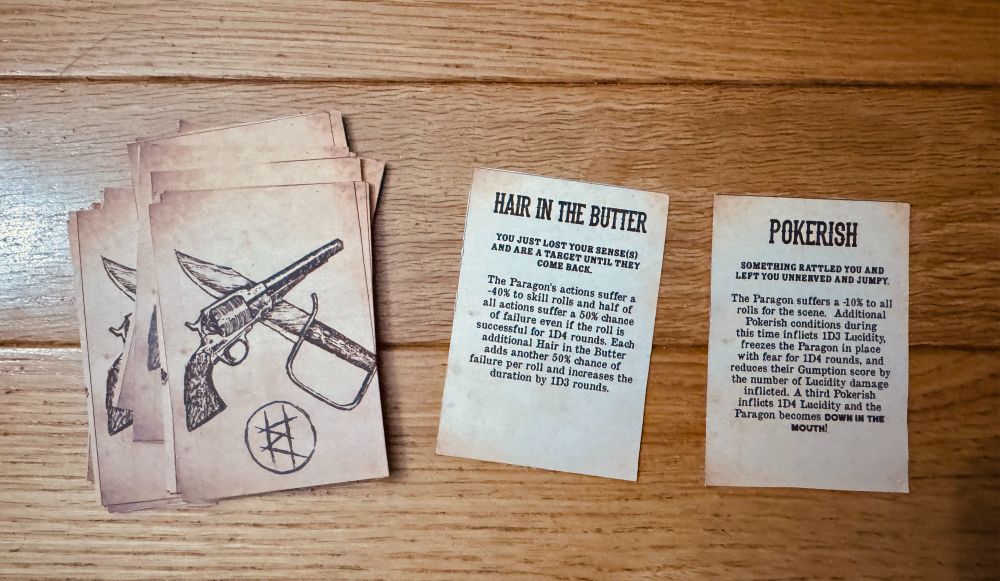 Haunted West prototype condition cards with design by Breneen Reece and words by Chris Spivey 