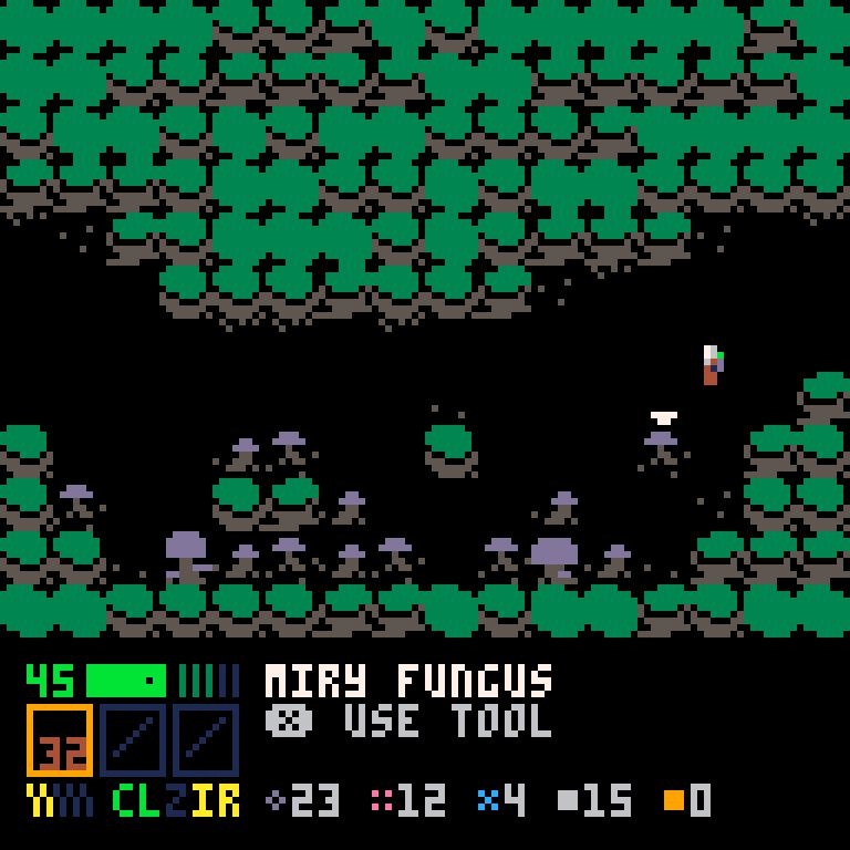 A gif showing gameplay from SPHONGOS. The player is running around shooting a laser at mushrooms to break and collect them