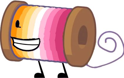 The character Spool from Battle for Dream Island Again, who resembles a sideways spool of thread with legs and a curled-up thread tail. Her wrapped thread has been recolored with the gradient of the lesbian flag.