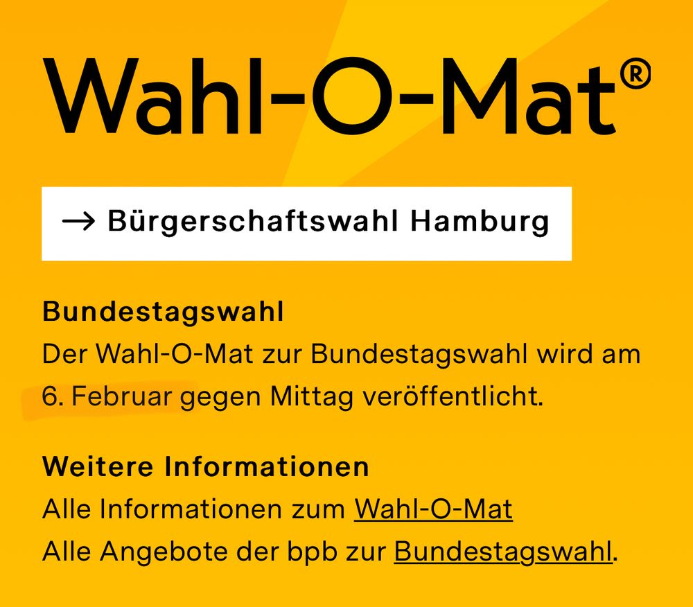 Screenshot der Wahl-O-Mat Website, in der steht „Der Wahl-O-Mar zur Bundestagswahl wird am 6. Februar gegen Mittag veröffentlicht.“