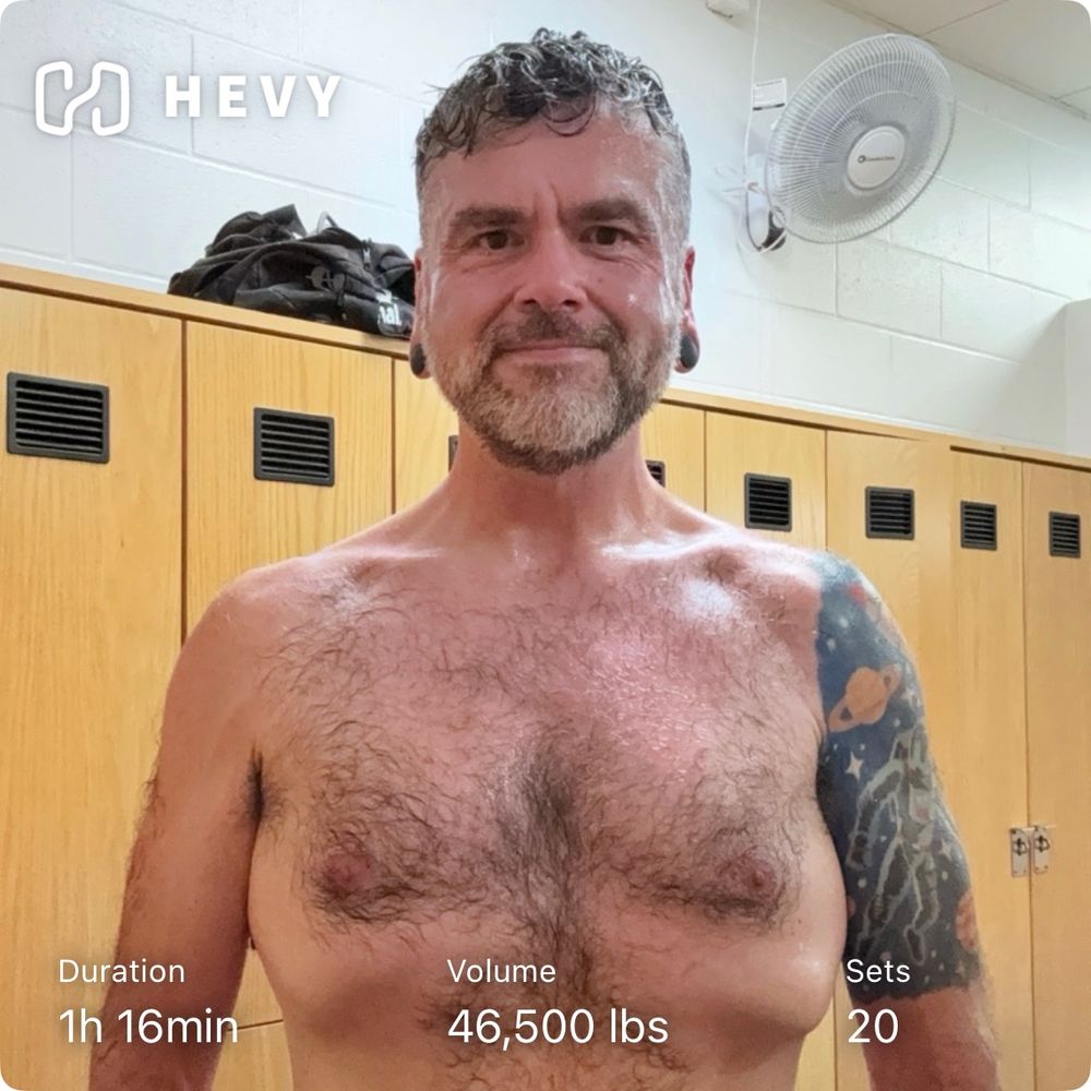 Duration: 1 hr 16 minutes. Volume 46,500 lbs. Sets: 20