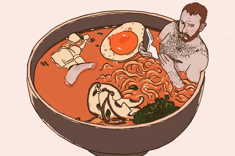 Illustration of Alex Horne lying in a giant (or is he small) bowl of ramen. There's noodles, mushrooms, and half an egg. The colours are orange, pink, and brown. Alex, topless and obscured by the soup, looks up at us as he holds a pen and notebook. #alexhorne #fanart #ramen #maybeIshouldn'thavesharedthisone