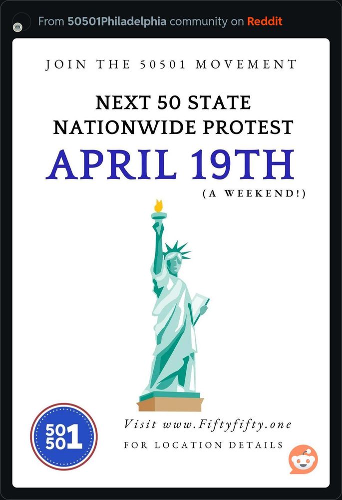 Poster for nationwide protest on April 19th. Visit www.fiftyfifty.one for more info.